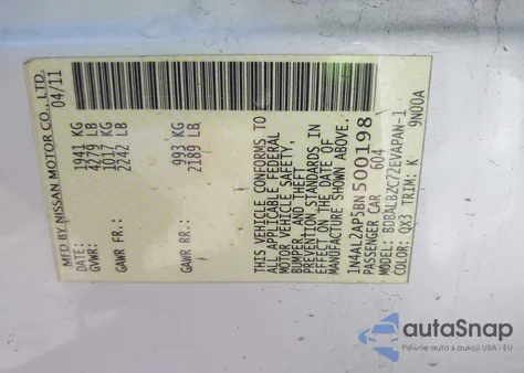 2011 Nissan Altima 2.5 S z USA, uszkodzony, nr VIN 1N4AL2AP5BN500198